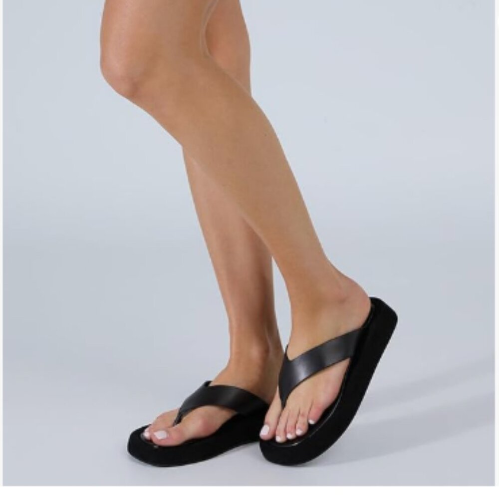 Milooey shoes Black Open Toe Flip Flops Low Wedge Heels Wide Thong Sandals